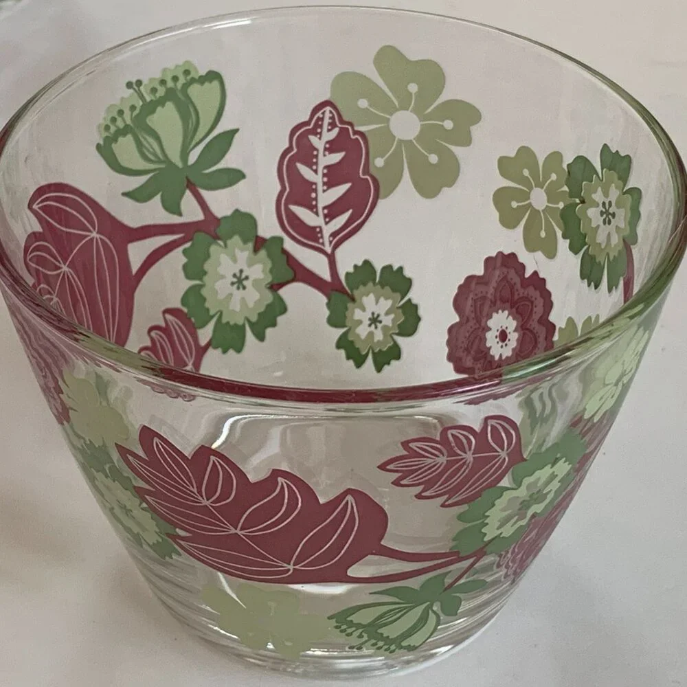 Ikea Ideell 14oz Glass Dessert Bowls Lot of 4 Pink Green Floral France Retired